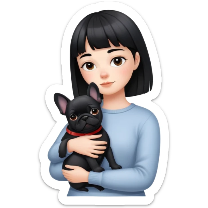 girl with short black straight bangs hair and hugging Black French Bulldog sticker