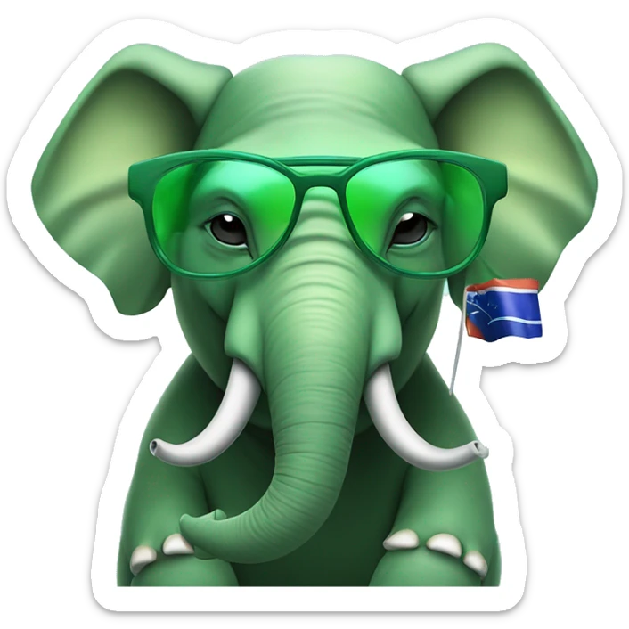 A green elephant with cientist blue glasses and alien antenas wearing an pandora colored by brazil flag colors sticker