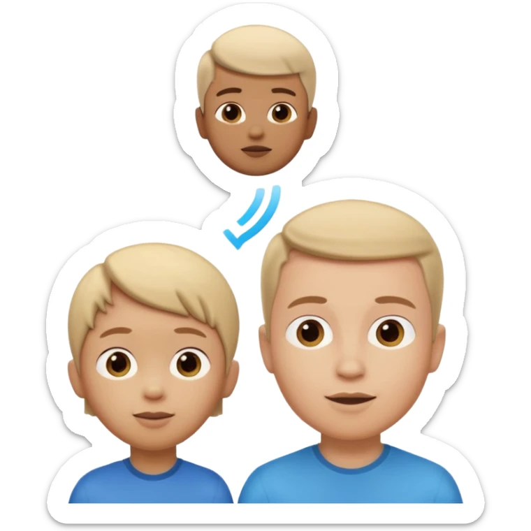 A 3D cartoon child looking up at a tall adult, white background, friendly expression, Memoji-style. sticker