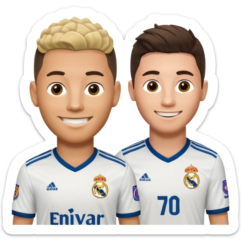 Prime noodle hair ronaldo and prime 2012 messi Smiling in one Photo and make it realistic Ronaldo wearing Number 7 With Madrid and Messi wearing number 10 with barca  sticker