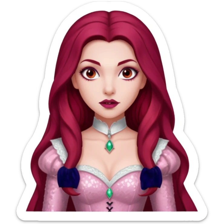 Aleera, Bride of Dracula from Van Helsing with long dark red hair, light pink sequin outfit sticker