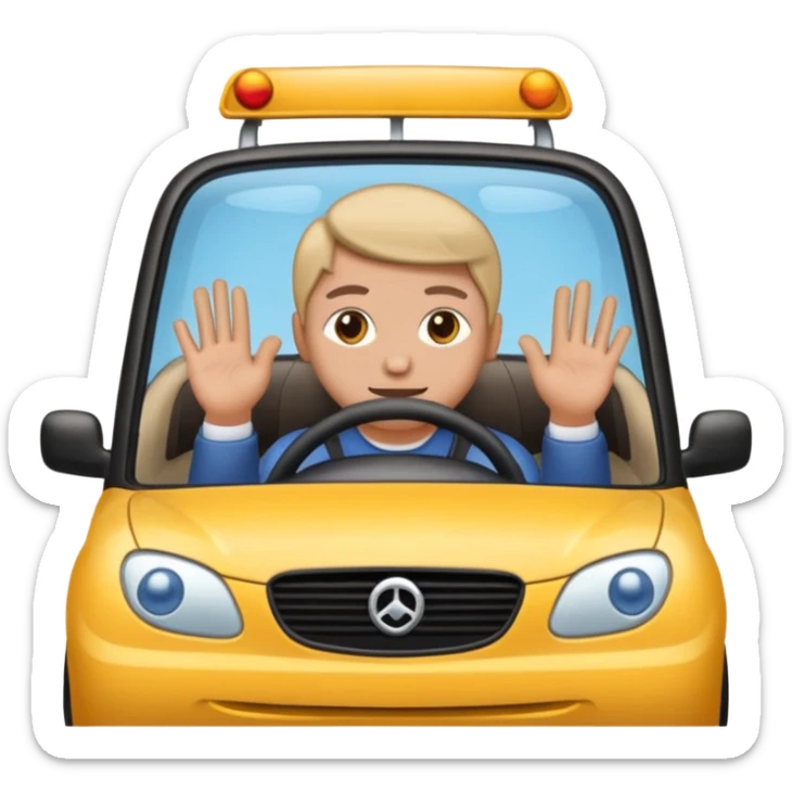 Crea un emoji con fondo transparente en PNG de una persona manejando un vehículo, que se vea desde el parabrisas frontal. sticker