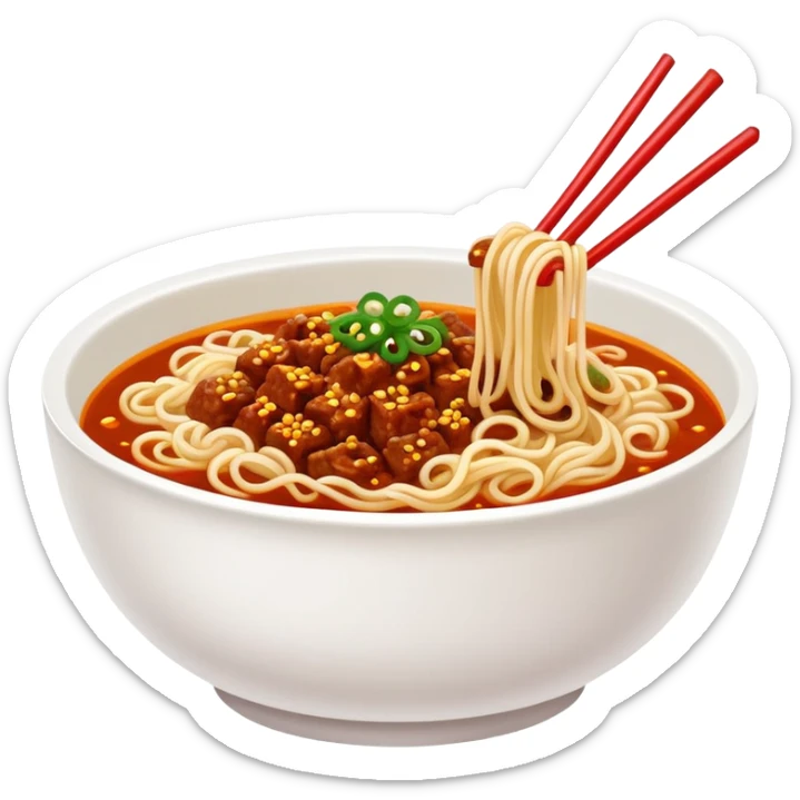 Chengdu Dan Dan Noodles with spicy sauce and minced meat, simplified emoji style with bold outlines and bright colors, cartoon style Sichuan street food in bowl sticker