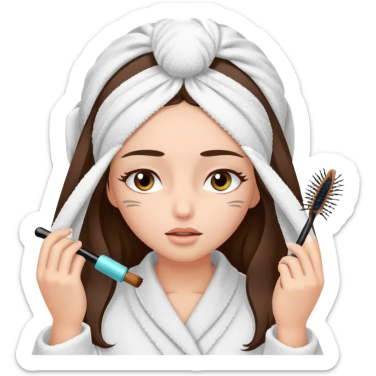 Girl with brown hair in white dressing gown and white towel wrapped in her head doing her mascara  Eyes closed white dark hair and towel wrapped differently doing mascara long hair  sticker