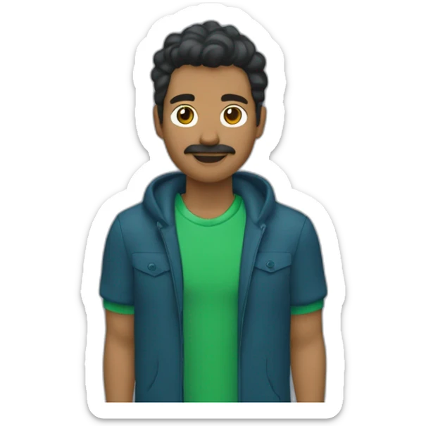 un chico con boina azul, pelo castaño y con rulos, camisa verde acuatico con chaqueta simple azul marino y de osos verdes sticker