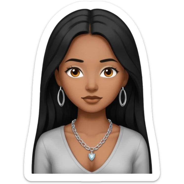 Brown skin girl with long black hair with 4 edges 2 on each side wearing a v-cut neckline shirt with a silver necklace sticker