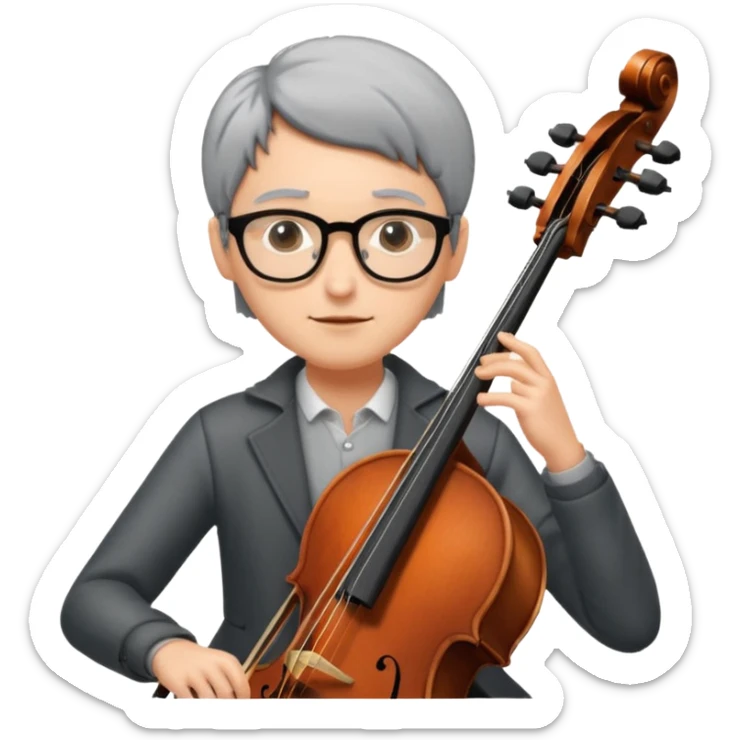 an emoji of my mum playing the cello, she has short black-ish gray hair, wears glasses, she is small sticker