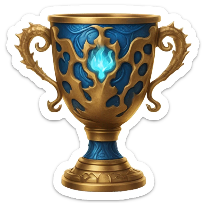 The Goblet of Fire is a large, ornate cup made of burnished gold with intricate carvings and handles shaped like fiery dragons. It's enchanted to select the champions for the Triwizard Tournament by emitting blue flames and magically presenting their name sticker