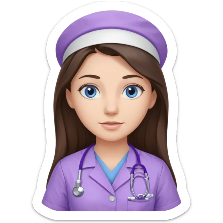 pretty brunette nurse with long hair and blue eyes in lilac scrubs sticker