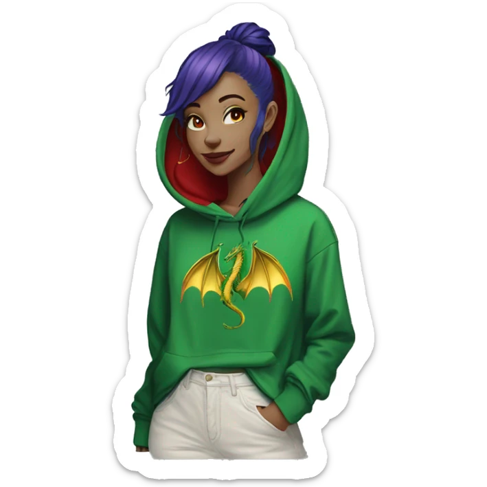 420 Lady with brunette and iridescent blue hair, hemp, gold, green dragon wings, maroon hoodie, 420, black and gold Nike t shirt, and bright red eyes sticker