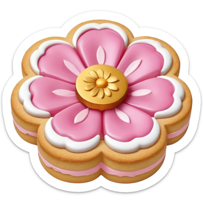 Realistic shortbread cookie in the shape of a camilia flower with pastel pink color jelly middle filling andkled powder sugar on top.emoj sprini sticker