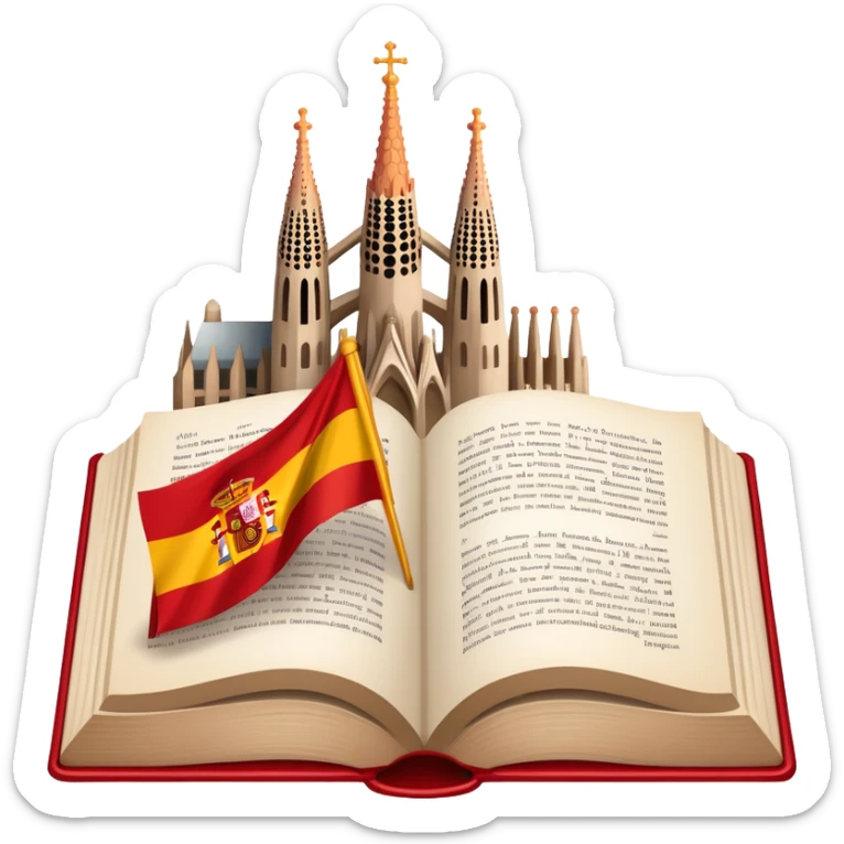 An icon featuring the Sagrada Familia and the flag of Spain, symbolizing the Spanish language. The design includes an open book with Spanish text and flamenco dancers, representing language learning and cultural heritage. Transparent background sticker