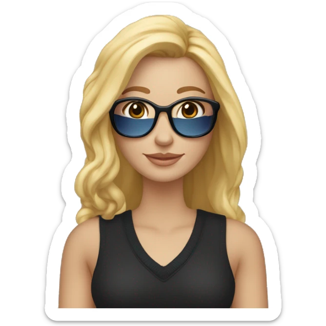 Een 52 jarige vrouw met middel lang blond haar, grijs met zwarte sjaal, zonnebril, zwarte sweater en blauwe broek sticker