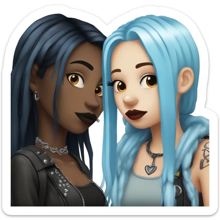 Two girls kissing goth style one with blue hair and a septum ring and the other with blonde and black hair sticker