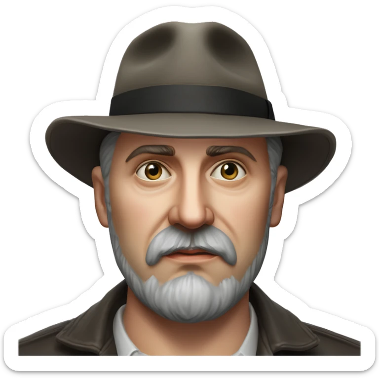 Russian writer Alexander Kuprin Photorealism A plump serious man of Slavic appearance with Small eyes with goatee beard and mustache, with a  short haircut, big detailed face, wrinkled face, wearing a fedora hat sticker