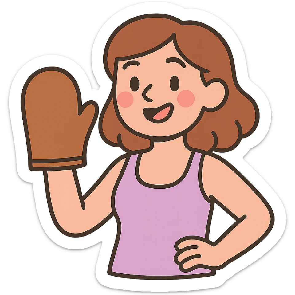 pastel toon style pale skintone woman with brown hair holding a tanning mitt sticker