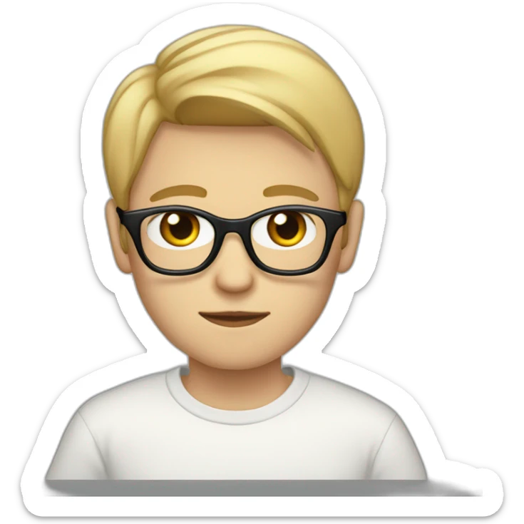 thin white teenager with blond hair.  He is cross-eyed and wears black glasses.  he has a triangular shaped head.  he's also wearing a white sweater. he has brown eyes sticker