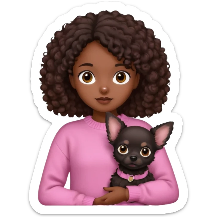 Girl with dark brown curly hair and brown eyes in a pink sweater holding a black chihuahua sticker