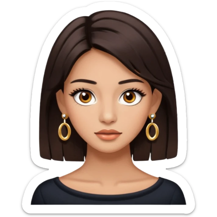 girl with brown asian eyes, long eyelashes, layerd mid length hair dark brown, tanned skin with Chanel earrings  sticker