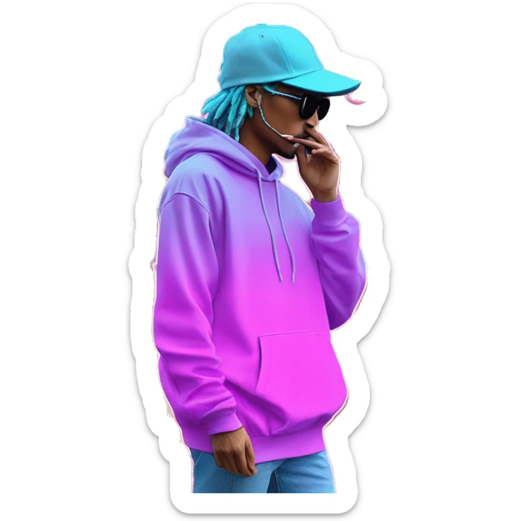 Multicoloured neon Vaporwave person smoking wearing hoodie dancing hip hop bucket hat tropical Skater fashion aesthetic baggy clothes graphic t shirt 420 sticker