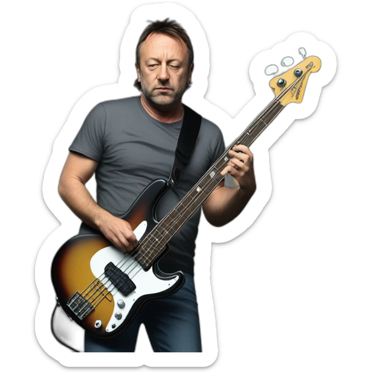 photo realistic Peter Hook, in 1979, playing a Yamaha black bass guitar, standing, full body, front view sticker