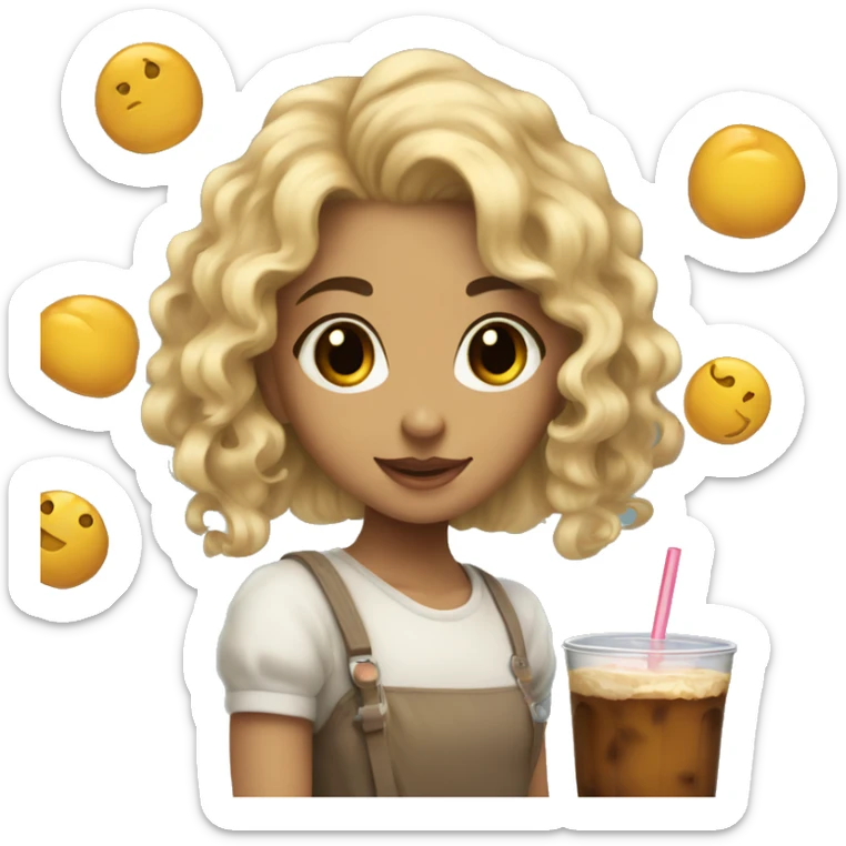 a blonde girl with brown eyes and curly hair enjoing boba te sticker