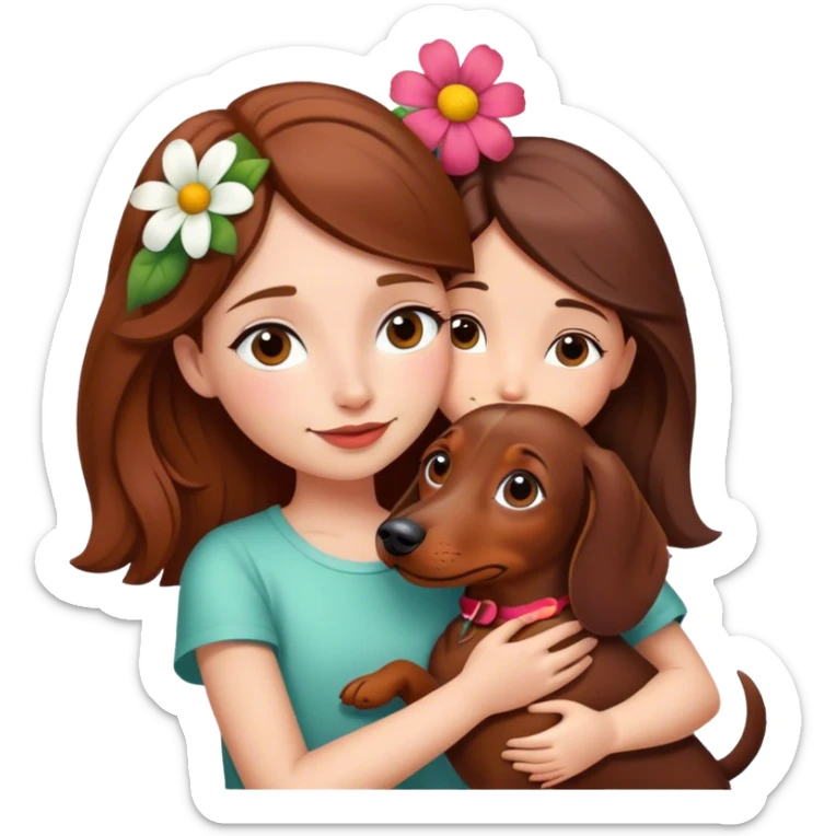 Dachshund hugging a girl with brown hair and a flower in her hair sticker