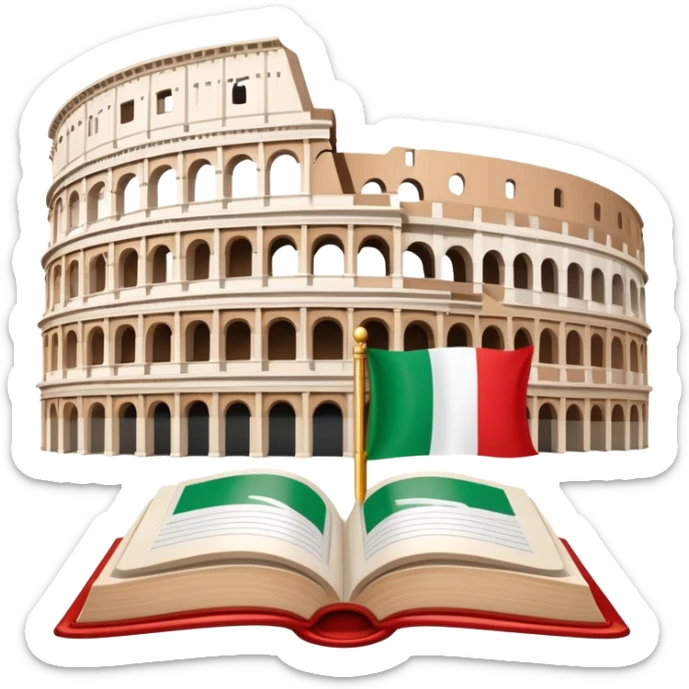 An icon featuring the Colosseum and the flag of Italy, symbolizing the Italian language. The design includes an open book with Italian phrases and a gondola, representing language learning and cultural exploration. Transparent background sticker