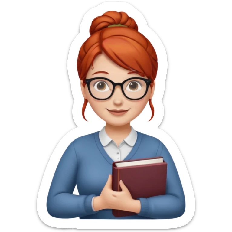 plump female teacher with red hair in a bun, glasses, freckles, holding a book sticker