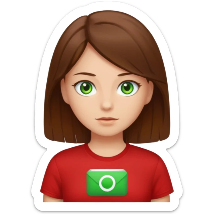 a girl with brown strait hair and has green eyes has a red t-shirt  sticker