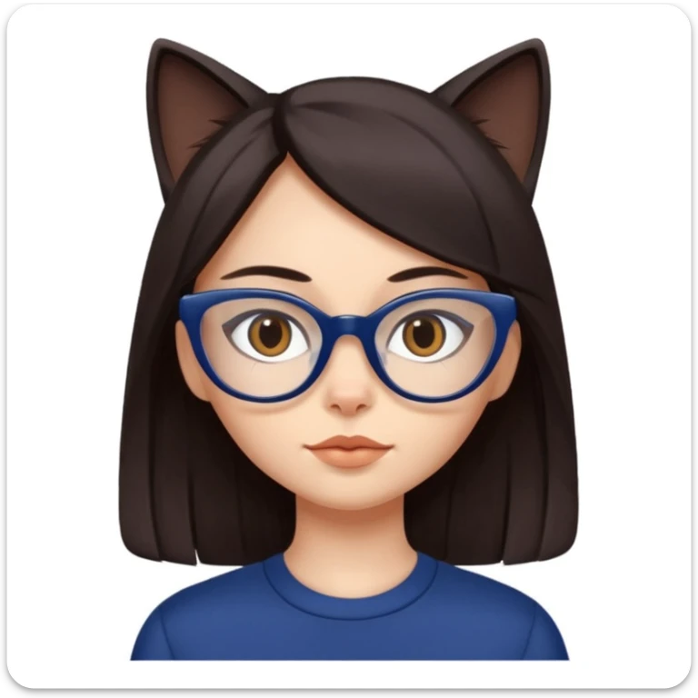Female. Straight long hair and dark brown eyes and hair with cat eye glasses and dark blue out fit sticker