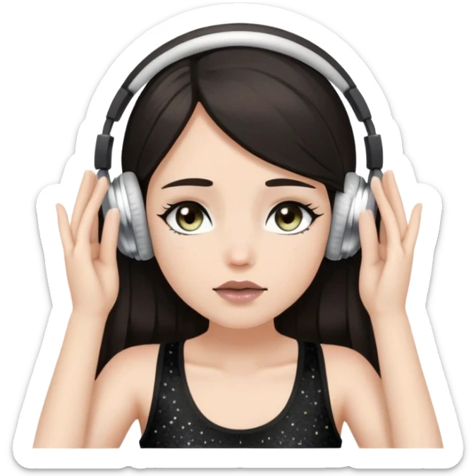 Girl with long dark hair, fair skin tone, wearing a black tank top, has glitter on her eyelids, and taupe lipstick, wearing white headphones, her hands are on her ears, and her hazel eyes are halfway  close sticker