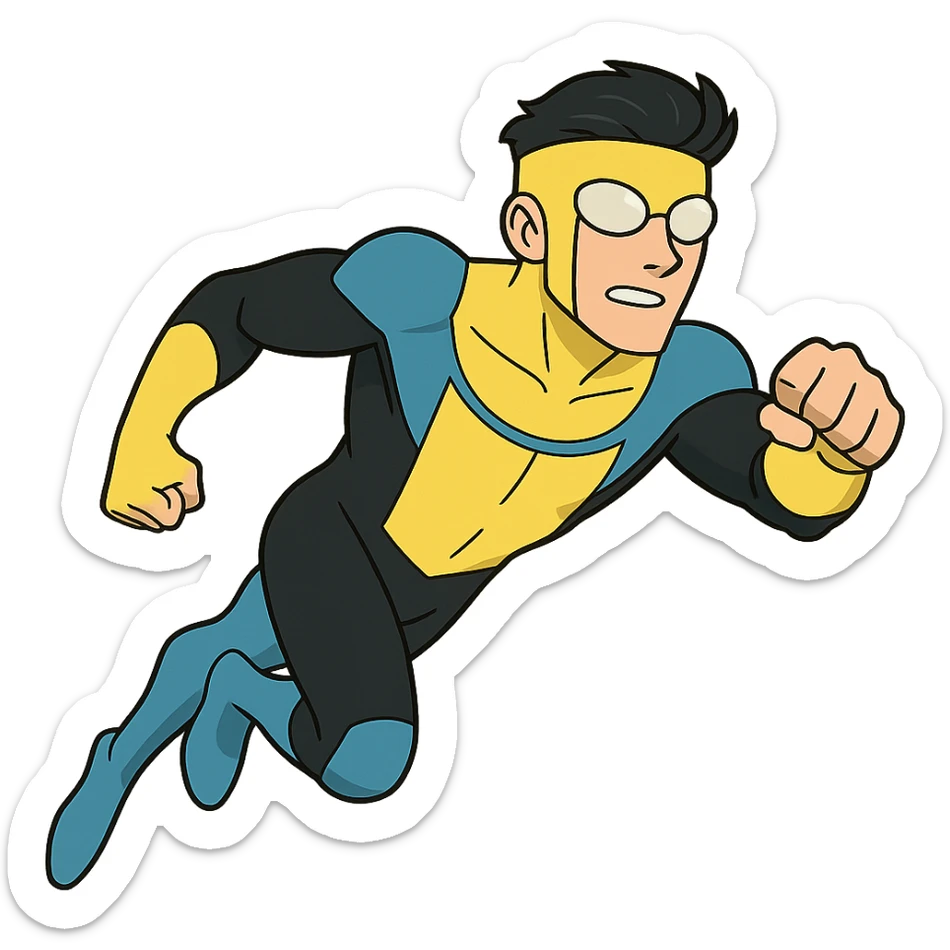 invincible superhero in blue and black suit with yellow accents flying pose cartoon style sticker