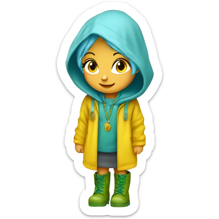 Cute little girl with light blue hair wearing a yellow raincoat hood up with rosary and green muddy boots sticker