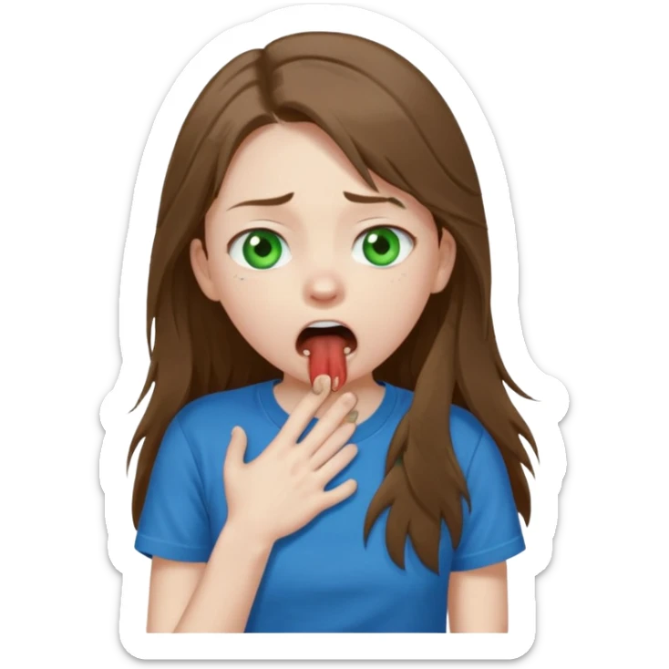 Cute girl with pale skin, long brown hair, green eyes and blue t shirt who is chocked sticker