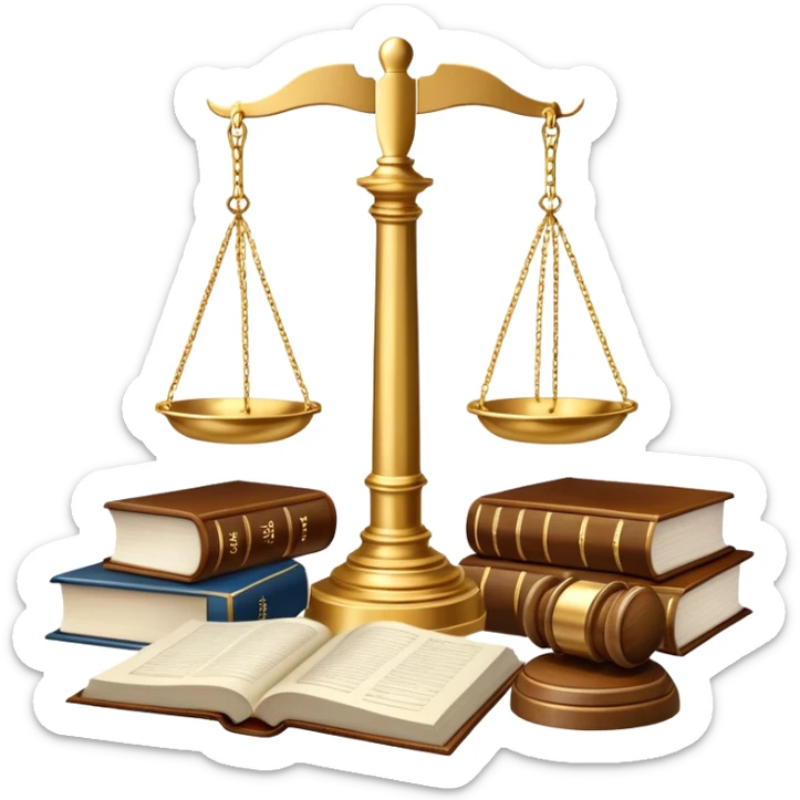 An icon featuring scales of justice, a gavel, and a legal book, symbolizing the study of law. The design includes courthouse pillars in the background, representing authority and legal systems. Transparent background highlights the principles of justice, order, and legal education. sticker