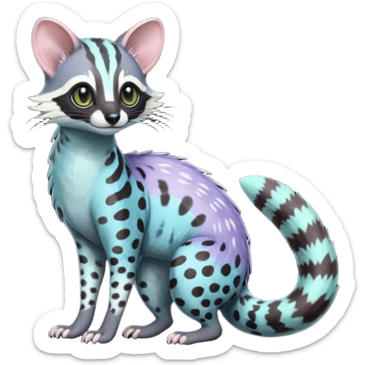 Feral Rare Fantasy iridescent scaly  shaded detailed deep pastel-gradients-colored colorful Genet-Trico-Civet-Cacomistle-Margay-species by LiLaiRa, with dark-blackish points, white belly, random markings, tufted tail, tufted ears, full body sticker