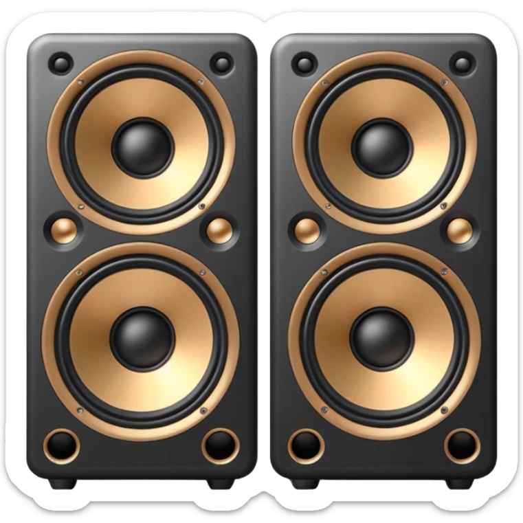Minimal emoji icon of a modern metallic speakers, front view, detailed geometry, dark metallic body, subtle highlights, isolated sticker
