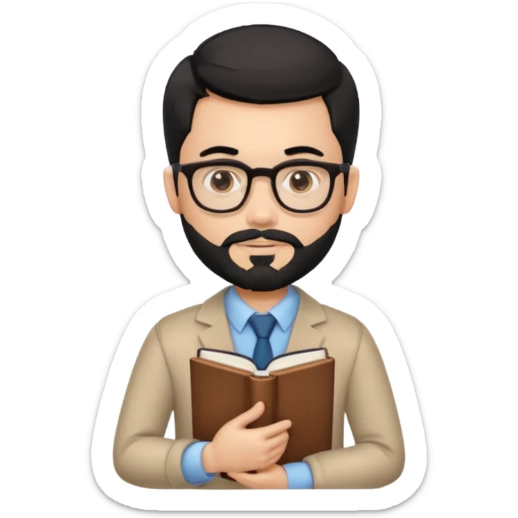 a pretty bratz teacher male with black hair, spectacles on, holding a book in hand and a chocolate in the other. bearded sticker