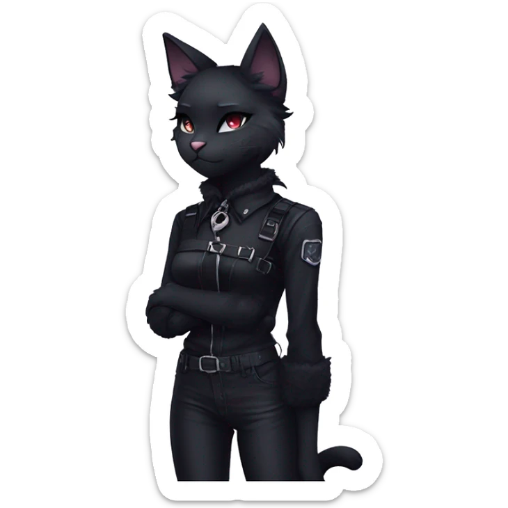 Gorgeous furry gothic dark techwear anime style anthro black cat furry sona with blushing face aesthetic and pretty edgy black with collar and harness trending style sticker