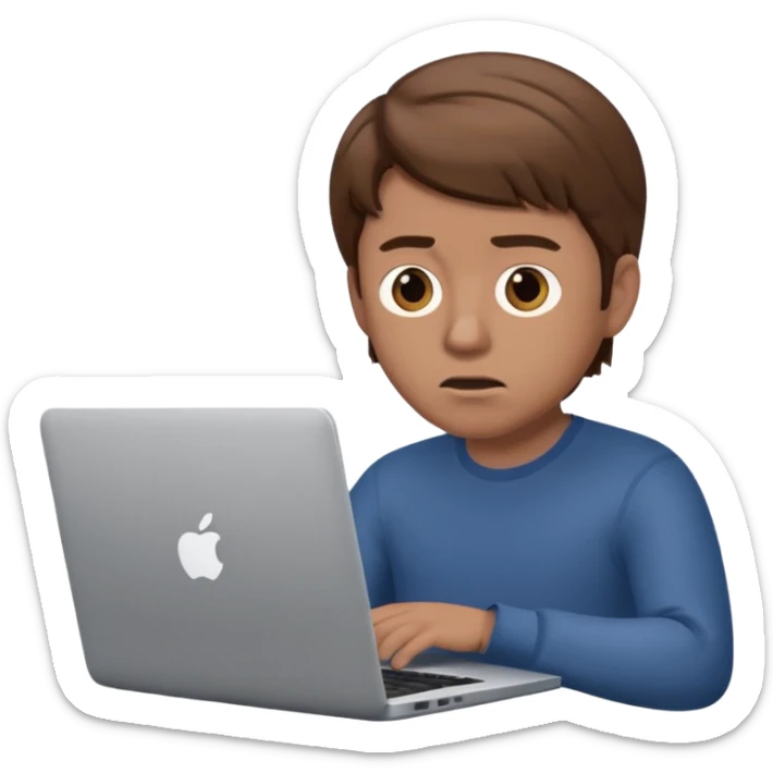 memoji of a man with a laptop in front, apple-style,modern,brown hair mid skin ton and a bit confused sticker