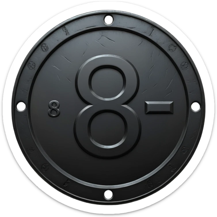 Minimal emoji, gothic metal coin made of black steel, engraved number 8 at the center, ancient industrial aesthetic, worn metal texture, no glow, no neon, flat emoji design, centered, transparent background sticker
