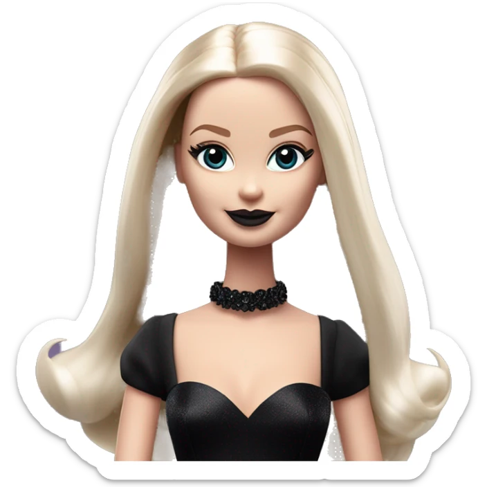  Bunny Wednesday Addams Barbie dancing.  Pretty face. Longer hair, short black flowing strapless evening gown with  plunging neckline that’s off-the-shoulders that also shows her legs and black shiny velvet high heel shoes. sticker