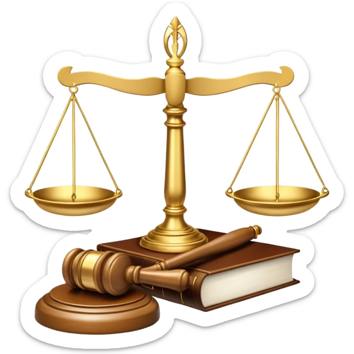 An icon featuring a gavel, scales of justice, and legal books, symbolizing law. The design includes a courthouse building in the background, representing the legal system and justice. Transparent background highlights the authority and structure of the law. sticker