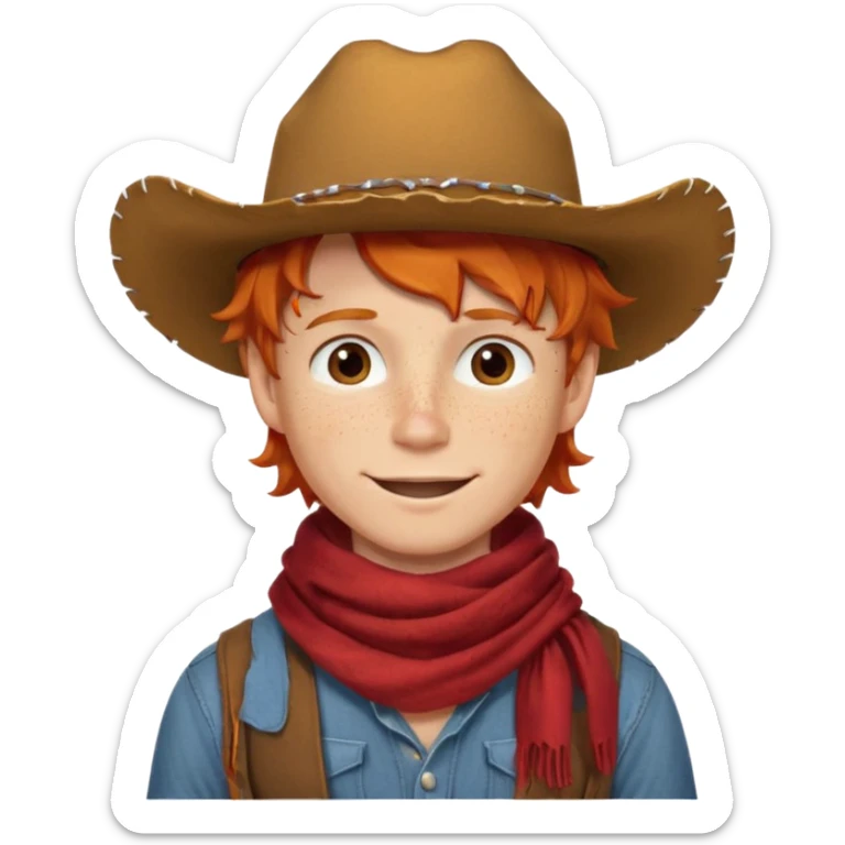 a wavy orange hair boy wearing a cowboy hat with a mischievous grin and freckles with western red scarf on his neck sticker