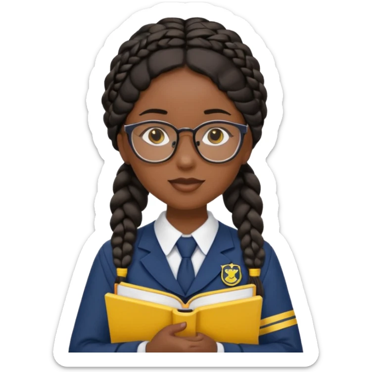 Girl student wearing uniform, glasses, hold yellow book in front of their chest, black braided hair, dark skin sticker