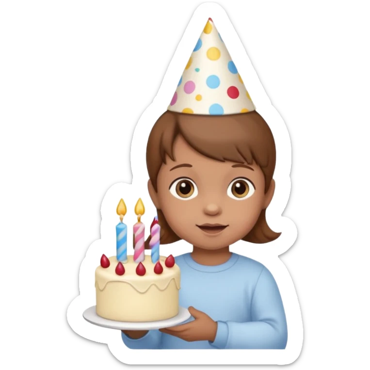 with brown hair cute baby wearing birthday hat with birthday cake sticker