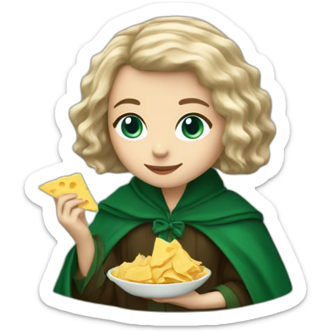Blue eyes Slytherin girl with short wavy ash blonde bob hair eating chips and cheese hogwarts robe sticker
