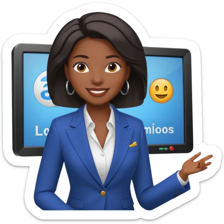 news anchor black skin woman, with a screen with a prompter in front of her sticker