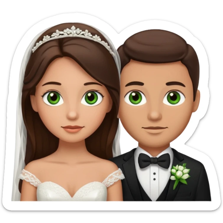bride and groom, brunette bride with brown eyes, groom has green eyes sticker